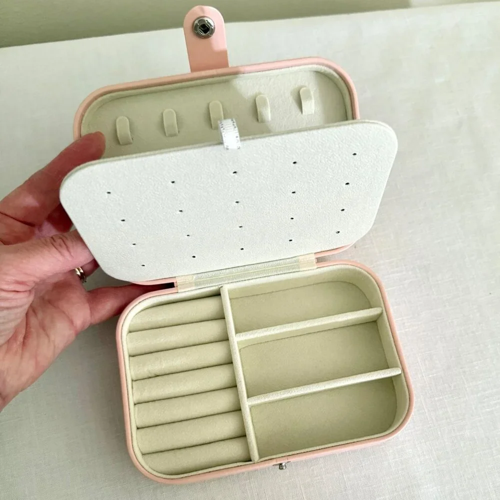 Pink Travel Jewelry Box Organizer for Rings Earrings Necklaces Multiple Compartm